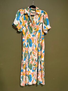 MELLODAY Abstract Floral Button-Front Midi Dress in Blue, Green & Pink